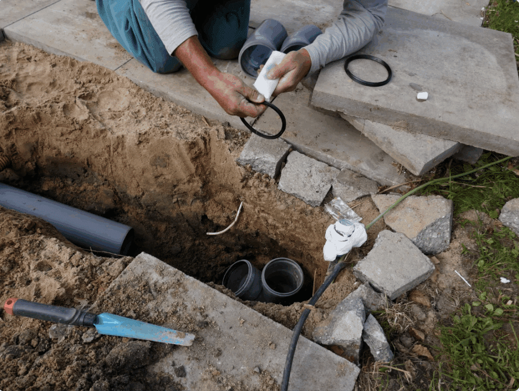 Sewer line repair being completed